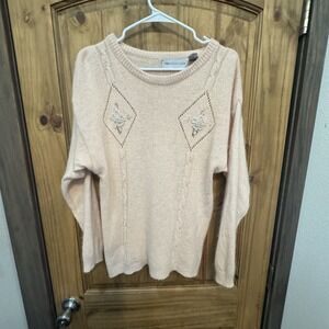 PM Collection Silk Angora Blend Sweater L Pink Pearl Beaded Embroidery Korea VTG
